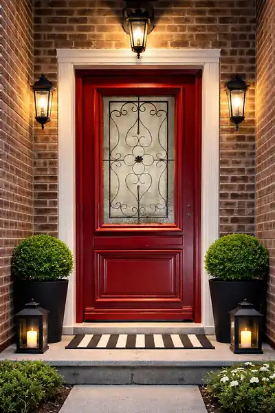 Porte d‘entrée Bois Vitrée Canada Rouge pourpre, H215 x L90 cm Côte Tableau p.Gauche, (Poignee, Barillet ref IN158RPL2 - IN303NEW) GD MENUISERIES Haute Qualité
