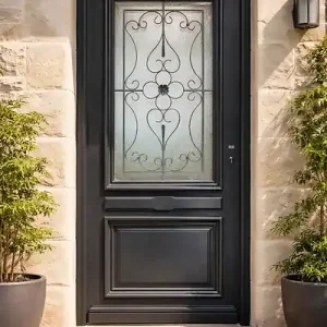 Porte d‘entrée Bois Vitrée Candice Gris Anthr, H215 x L90 cm Côte Tableau p. Gauche, (Poignee, Barillet ref IN158RPL2 - IN303NEW) GD MENUISERIES Commande En Gros