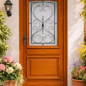 Authentique Porte d‘entree Bois vitree, Curcuma, H215 x L80 cm Côte Tableau p.Droit (Poignee, Barillet ref 010403RFP) GD MENUISERIES