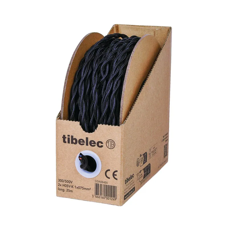 Câble électrique déco noir torsadé 2X0,75 mm² 25 mètres TIBELEC Certifié