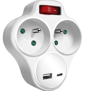 Promotion Saisonnière Multiprise murale 2 prises ou biplite avec interrupteur et prises USB A et USB C blanc GEFOM