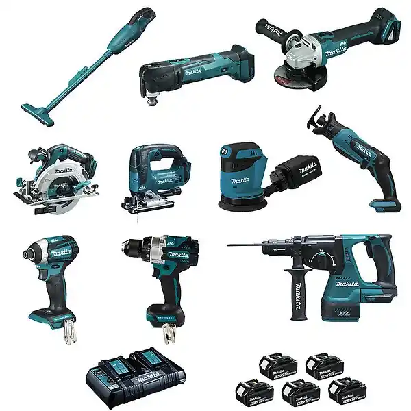 Pack 10 outils MAKITA LOT0309 18V 5 x 5.0 Ah (DCL180 - DHP486 - DTD154 - DGA506 - DHS680 - DHR243 - DTM51 - DJR183 - DJV182 -DBO180) Commande En Gros