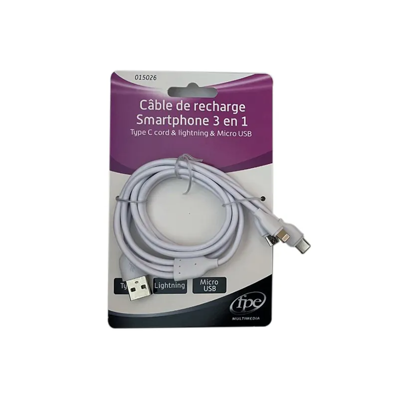 Prix Réduit Câble de charge 3 en 1 USB A vers USB C, Lightning et micro USB