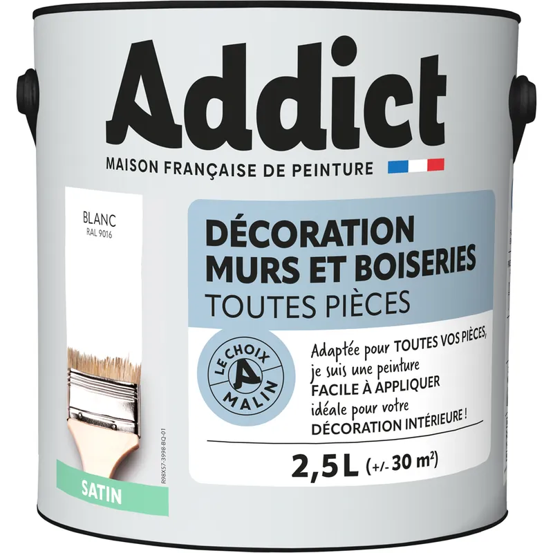 Peinture décoration Murs et Boiseries SATIN 2.5 L blanc - ADDICT Prix Bas