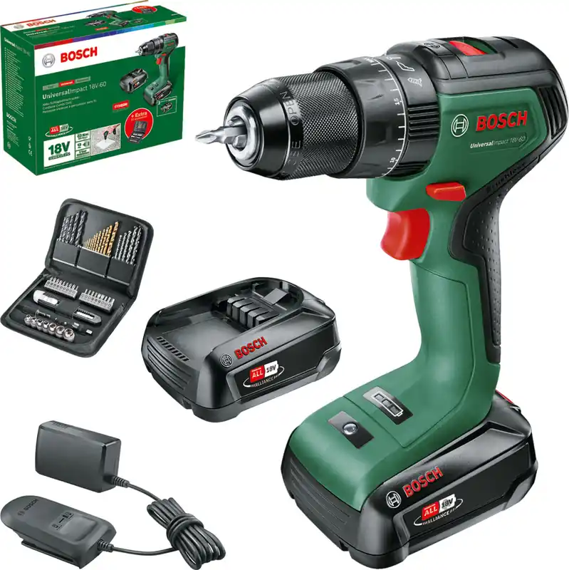 Perceuse à percussion sans fil 18 V UniversalImpact (2 batteries + 51 acc.) - BOSCH Prix Choc