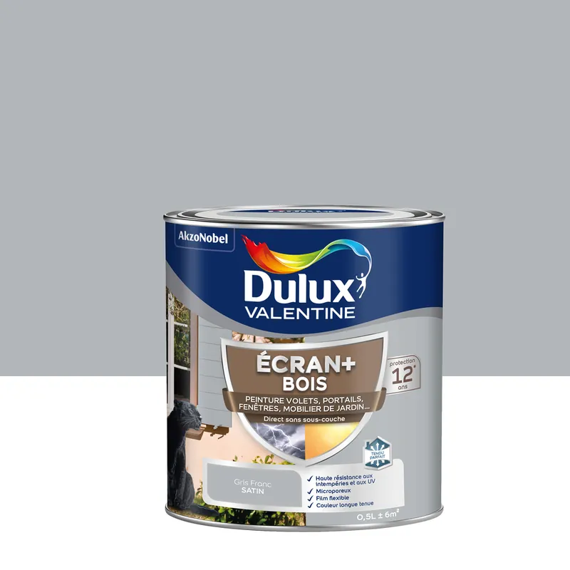 Peinture Ecran+ Bois Satin Gris Franc 0,5 L - DULUX VALENTINE Promotion