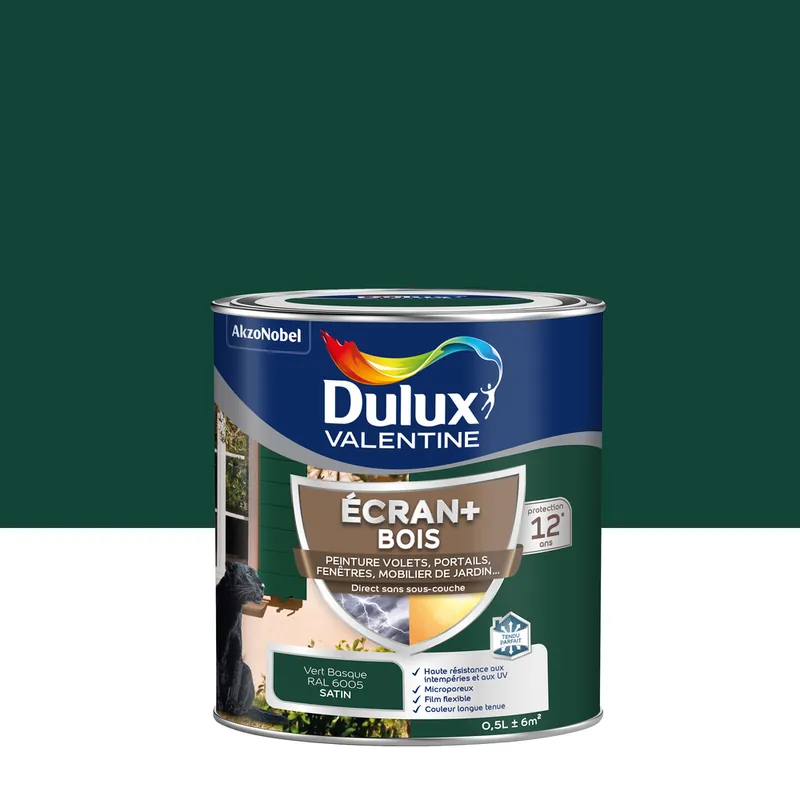 Solde Peinture Ecran+ Bois Satin Vert Basque 0,5 L - DULUX VALENTINE