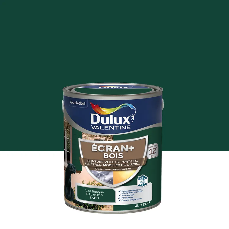 Peinture Ecran+ Bois Satin Vert Basque 2 L - DULUX VALENTINE Offre Exclusive