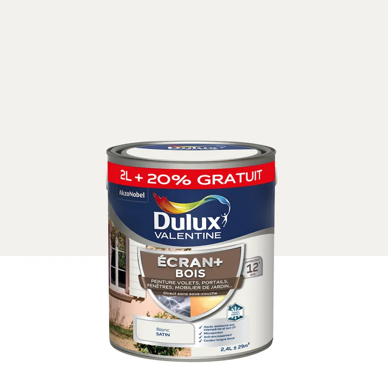 Peinture Ecran+ Bois Satin Blanc (Blanc BW) 2,4 L - DULUX VALENTINE Haute Qualité