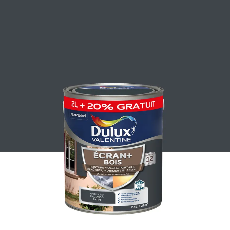 Expédition Rapide Peinture Ecran+ Bois Satin Gris Anthracite 2,4 L - DULUX VALENTINE