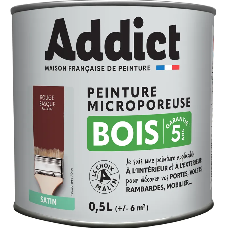 ADDICT Peinture Bois Satin 0.5 L rouge basque Ral 3009 Offre Limitée