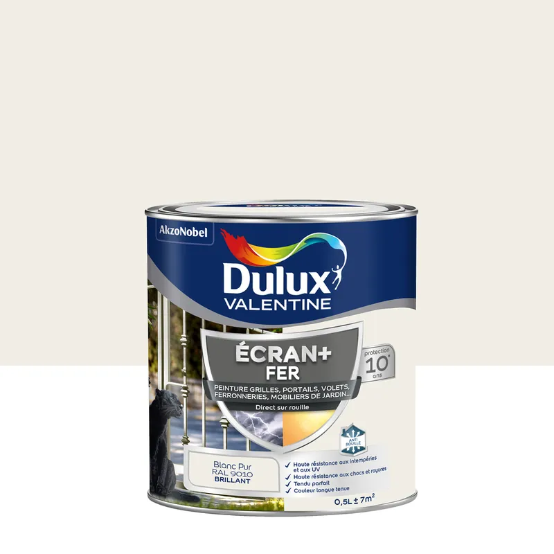 Usine Directe Peinture Ecran+ Fer Brillant Blanc Pur 0,5 L - DULUX VALENTINE