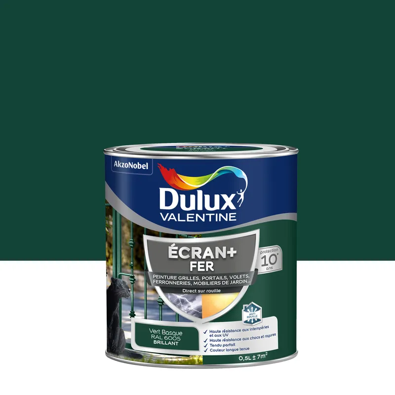 Peinture Ecran+ Fer Brillant Vert Basque 0,5 L - DULUX VALENTINE Haute Qualité