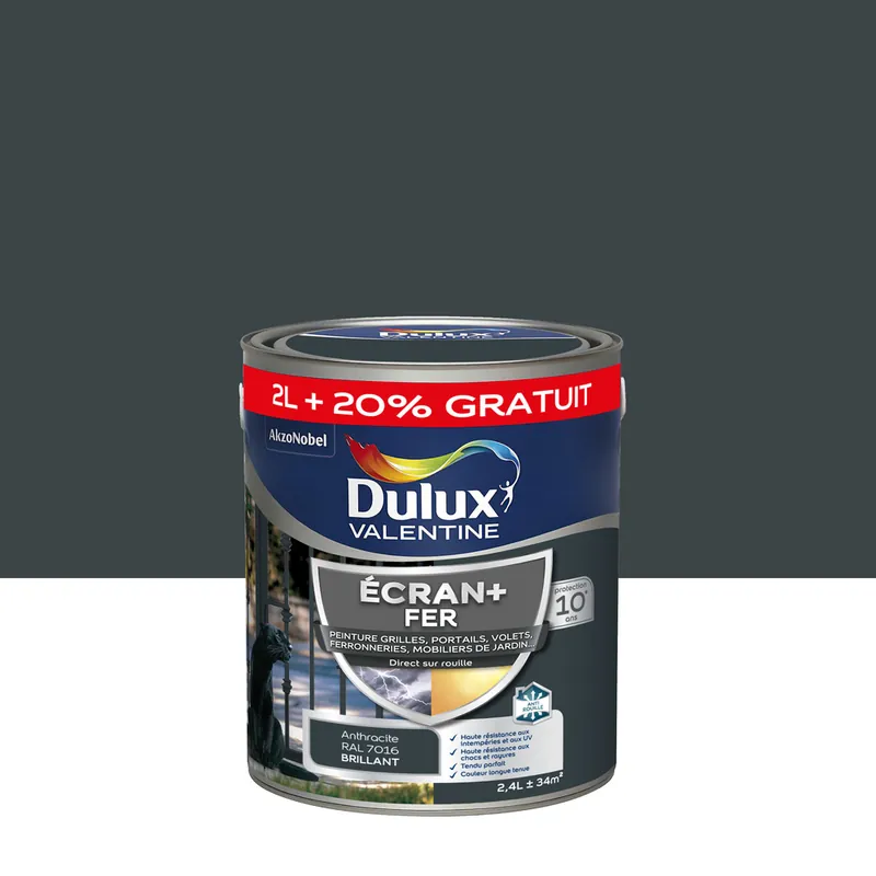Remise Peinture Ecran+ Fer Brillant Gris Anthracite 2 L+20% - DULUX VALENTINE