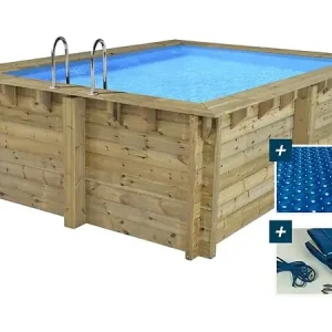 Certifié Piscine bois rectangle " Caimans " - 4.10 x 3.00 x 1.24 m + Bâche à bulles 180 µ - Bâche hiver 280 g/m² HABITAT ET JARDIN