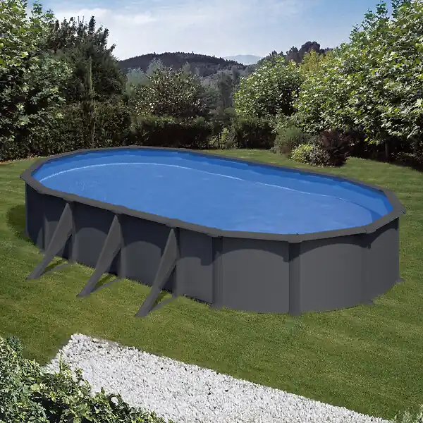 Piscine ovale acier - Anthracite - L.744xH.132xl.399cm GRE Dernier Modèle