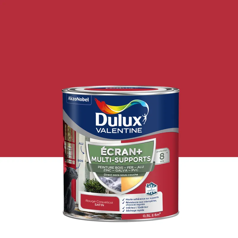Peinture Ecran+ Multi-supports Dulux Valentine Satin Rouge Coquelicot 0,5 L Achat Immédiat