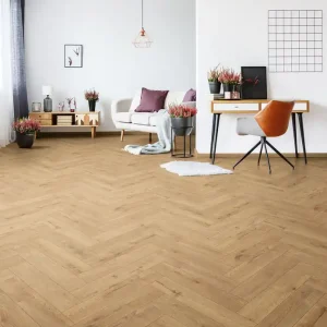 Must-Have Sol stratifié bâton rompu décor chêne beige SUNDANCE ép 8 mm 12,6 x 63 cm AC5 paquet de 0,870 m² AJ TIMBER