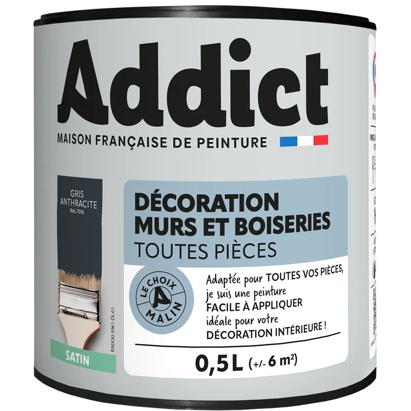 Peinture décoration Murs et Boiseries SATIN 0.5 L Gris Anthracite - ADDICT Nouveauté