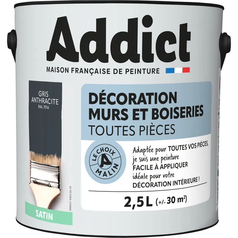 Prix Choc Peinture décoration Murs et Boiseries SATIN 2.5 L Gris Anthracite - ADDICT