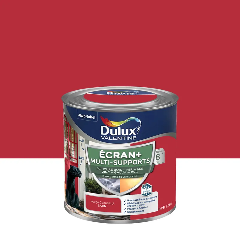 Peinture Ecran+ Multi-supports Dulux Valentine Satin Rouge Coquelicot 0,25 L Usine Directe