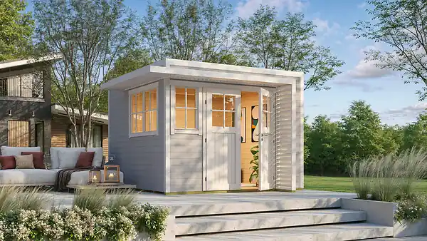 Soldes Abri de jardin en bois Amberley 5 - Gris et blanc - L.350xP.353cm WEKA