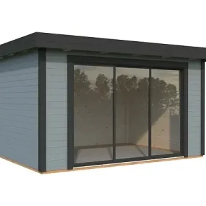 Studio de jardin Lydia en bois gris ép.28mm et baie coulissante - White Wood - 15m² Promotion Saisonnière