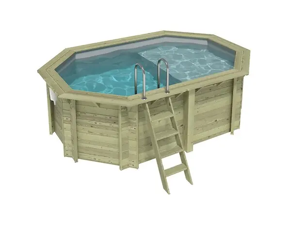 Piscine hors sol en bois NEMO 4.3 x 3 - H.1.31 m avec plage, gris clair, fixations à visser - BAS7303OSPL2+PLA303 ALTANKA Must-Have