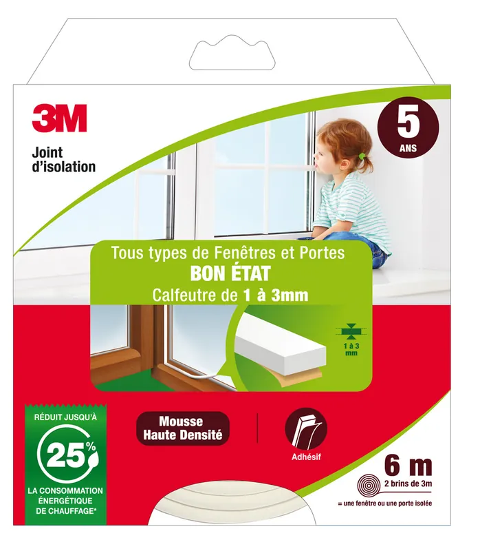 Promotion Saisonnière Joint d‘isolation pour fenêtre et porte 6 m 1 à 3 mm Classique blanc 3M