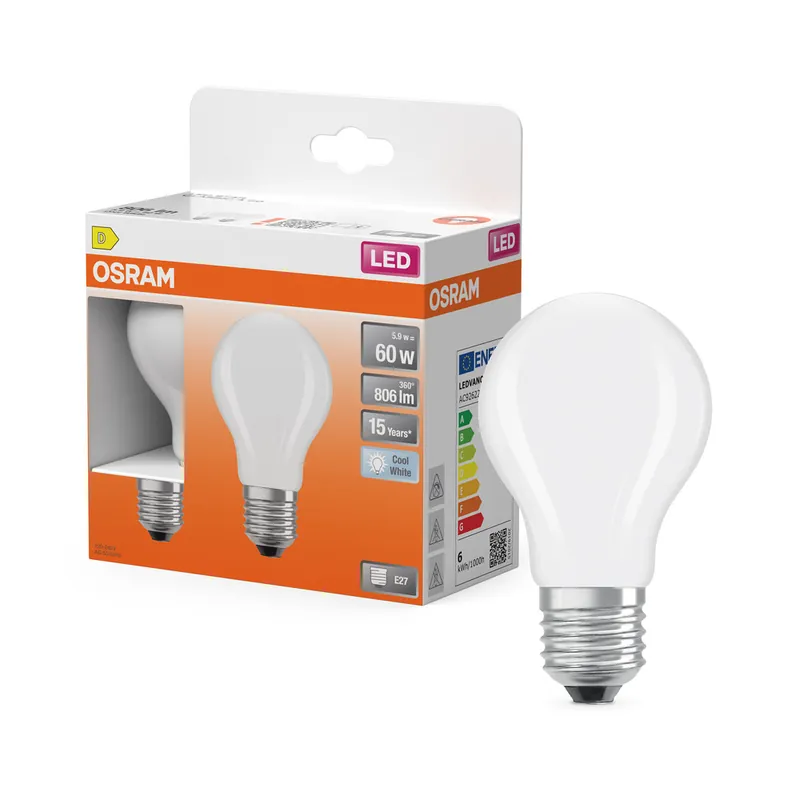 Lot de 2 ampoules LED standard dépoli E27 7W = 806 lumens blanc neutre Retrofit Classic - OSRAM Haute Qualité