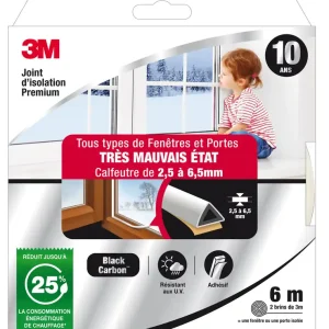 Joint d‘isolation pour fenêtre et porte 6 m 2.5 à 6.5 mm Premium blanc 3M Commander Vite