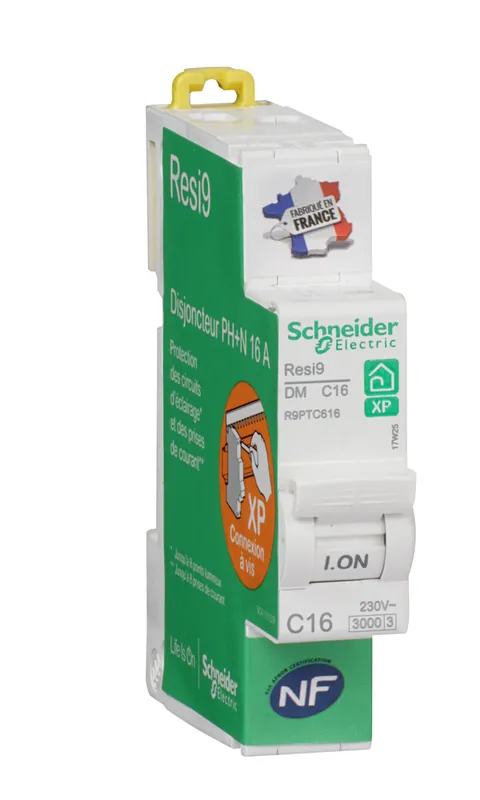 Disjoncteur divisionnaire 16A courbe C 3kA peignable 1 pôle + neutre - Resi9 XP SCHNEIDER ELECTRIC Commander Vite