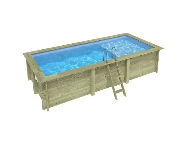 Piscine hors sol en bois AQUA 6.1 x 2.85 - H.1.31 m avec plage, bleu pâle, fixations à visser - BAS7307OSPL+PLA307 ALTANKA Vente Flash