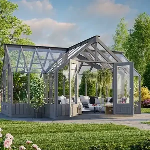 Expédition Rapide Serre de jardin Emilia en bois autoclave gris - 26,9m² PALMAKO