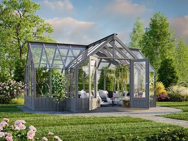 Expédition Rapide Serre de jardin Emilia en bois autoclave gris - 26,9m² PALMAKO