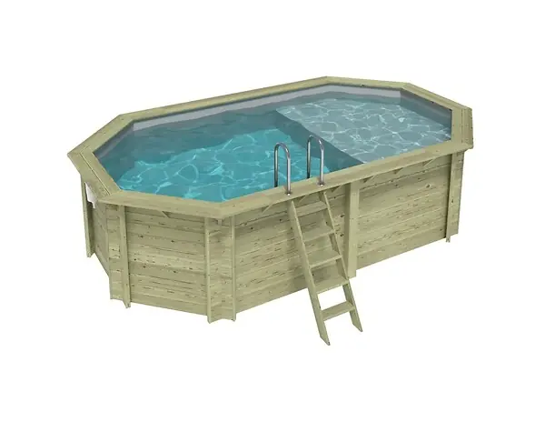 Certifié Piscine hors sol en bois NEMO 5.79 x 3.49 - H.1.45 m avec plage, gris clair, fixations à sceller - BAS7304OSPI2+PLA304 ALTANKA