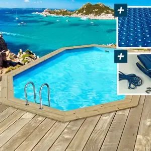 Piscine bois " Cancun " - 6.53 x 4.41 x 1.45 m + Bâche à bulles 180 µ - Bâche hiver 280 g/m² HABITAT ET JARDIN Bon Plan