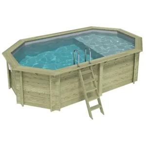 Piscine hors sol en bois NEMO 5.79 x 3.49 - H.1.45 m avec plage, gris clair, fixations à visser - BAS7304OSPL2+PLA304 ALTANKA Promotion