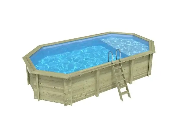 Piscine hors sol en bois NEMO 7.3 x 3.97 - H.1.45 m avec plage, bleu pâle, fixations à visser - BAS7305OSPL+PLA305 ALTANKA Usine Directe