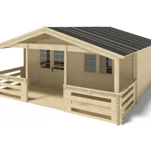 Haute Qualité Abri de jardin en bois - 6x5 m + terrasse avec balustrade et avant-toit en bois - 42 m2 - DOM747+DOM553+DOM555+POD04 ALTANKA