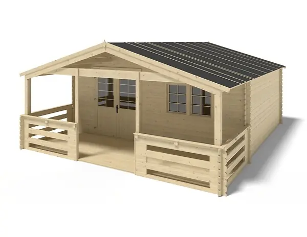 Haute Qualité Abri de jardin en bois - 6x5 m + terrasse avec balustrade et avant-toit en bois - 42 m2 - DOM747+DOM553+DOM555+POD04 ALTANKA