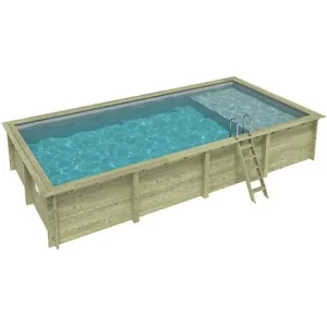 Livraison Express Piscine hors sol en bois AQUA 8.5 x 4.35 - H.1.45 m avec plage, gris clair, fixations à sceller - BAS7309OSPI2+PLA309 ALTANKA
