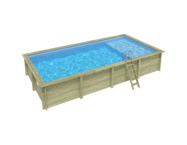 Haute Qualité Piscine hors sol en bois AQUA 8.5 x 4.35 - H.1.45 m avec plage, bleu pâle, fixations à visser - BAS7309OSPL+PLA309 ALTANKA