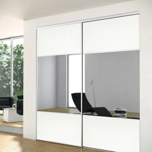Livraison Express Porte de placard coulissante partitionnée blanc nacré et miroir 1 vantail H 2,50 m x L 0,61 m YKARIO