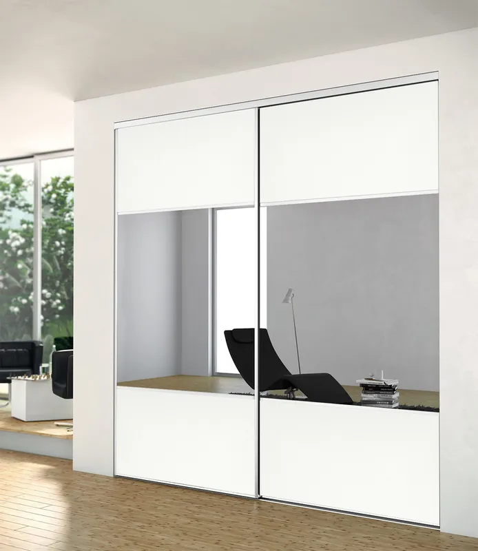 Livraison Express Porte de placard coulissante partitionnée blanc nacré et miroir 1 vantail H 2,50 m x L 0,61 m YKARIO