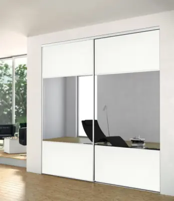 Livraison Express Porte de placard coulissante partitionnée blanc nacré et miroir 1 vantail H 2,50 m x L 0,91 m YKARIO