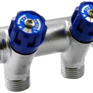 Distributeur mâle femelle 20/27 (3/4) avec 2 départs 15/21 (1/2) + vannes bleues Certifié