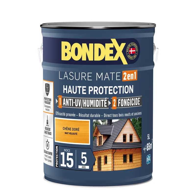 Produit De Marque Lasure 2 en 1 haute protection 5 ans chêne doré 5 l BONDEX