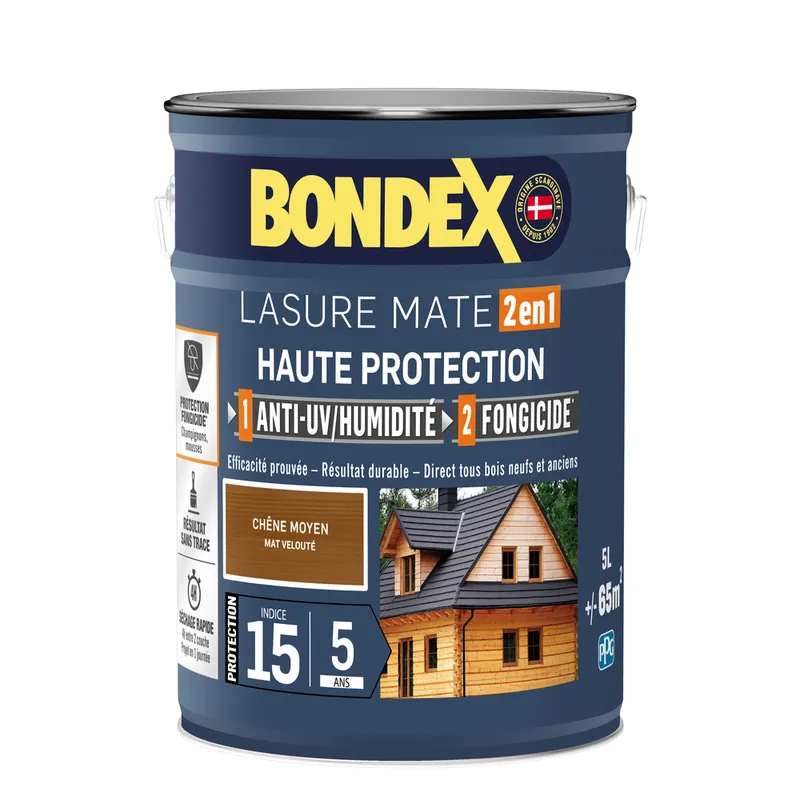 Lasure 2 en 1 haute protection 5 ans chêne moyen 5 l BONDEX Jusqu'à Épuisement Des Stocks