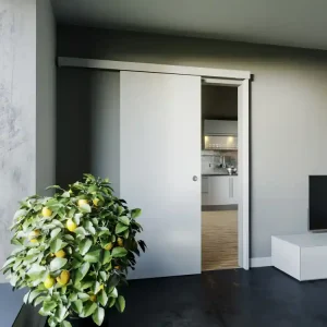 Offre Spéciale Porte coulissante blanche prête à peindre 83cm avec poignée-rail alu 1738mm et butée .
